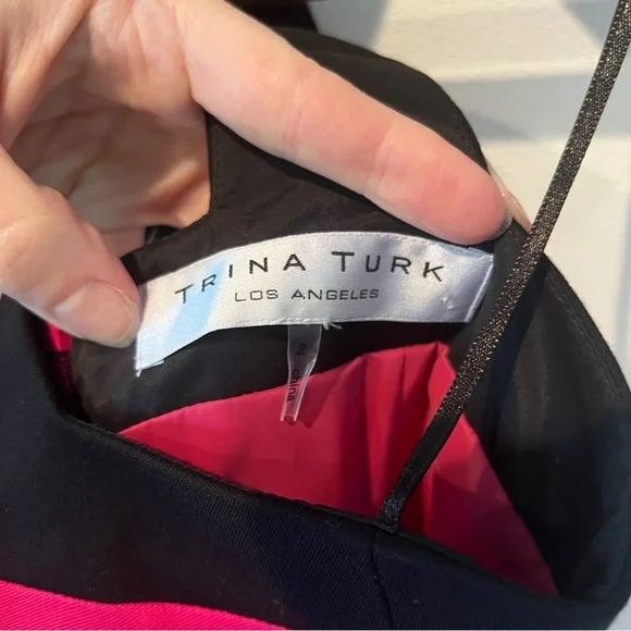 Trina Turk Cage Neck Sleeveless Color Block Black and Pink Midi Dress - Picture 5 of 10